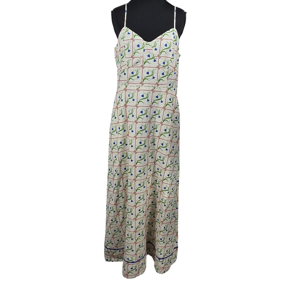 Joie Linen Blend Maxi Dress Womens 10 Floral Grid Cream Blue Smocked Boho NEW